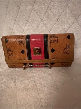 MCM Cognac Logo Wallet with Pink and Black Stripe
